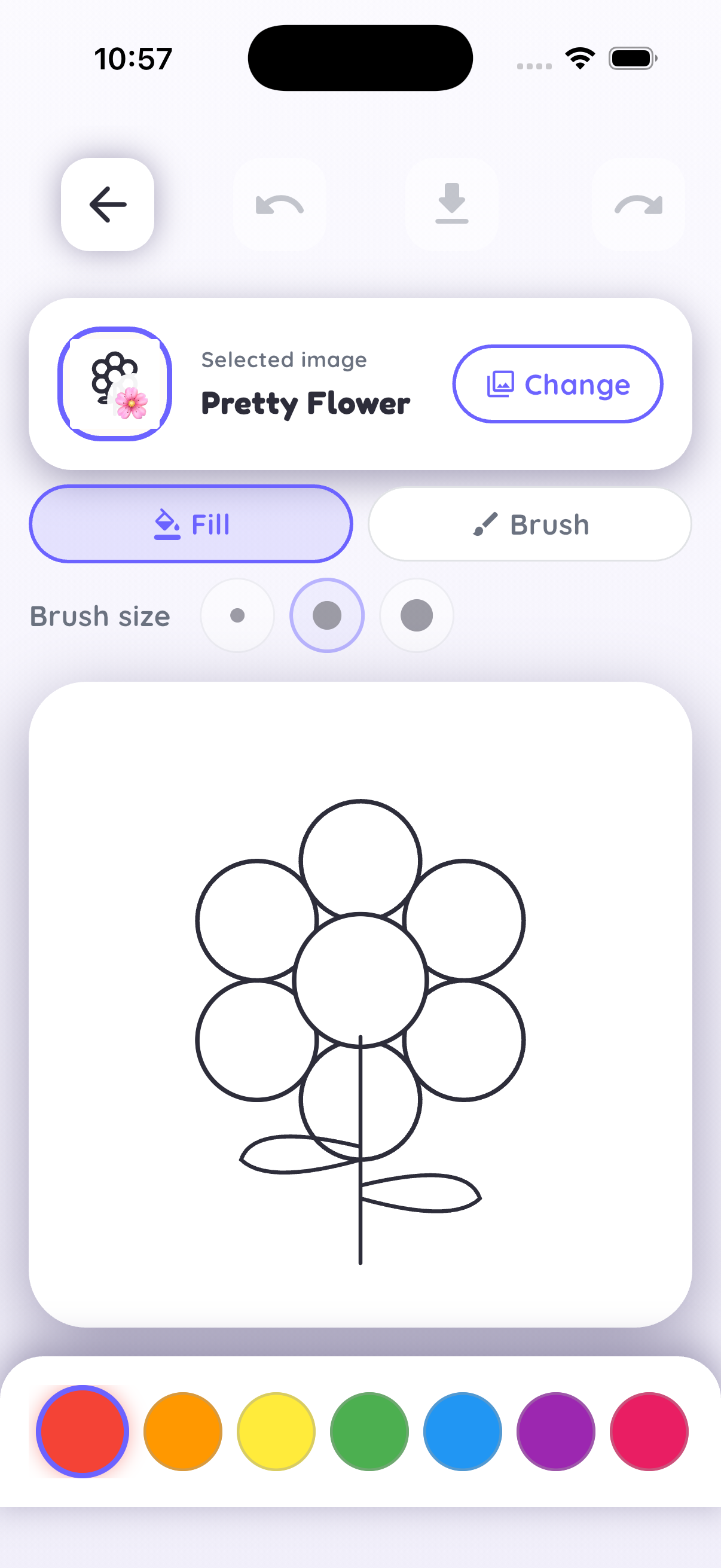 Coloring activity with fill and brush tools and color palette
