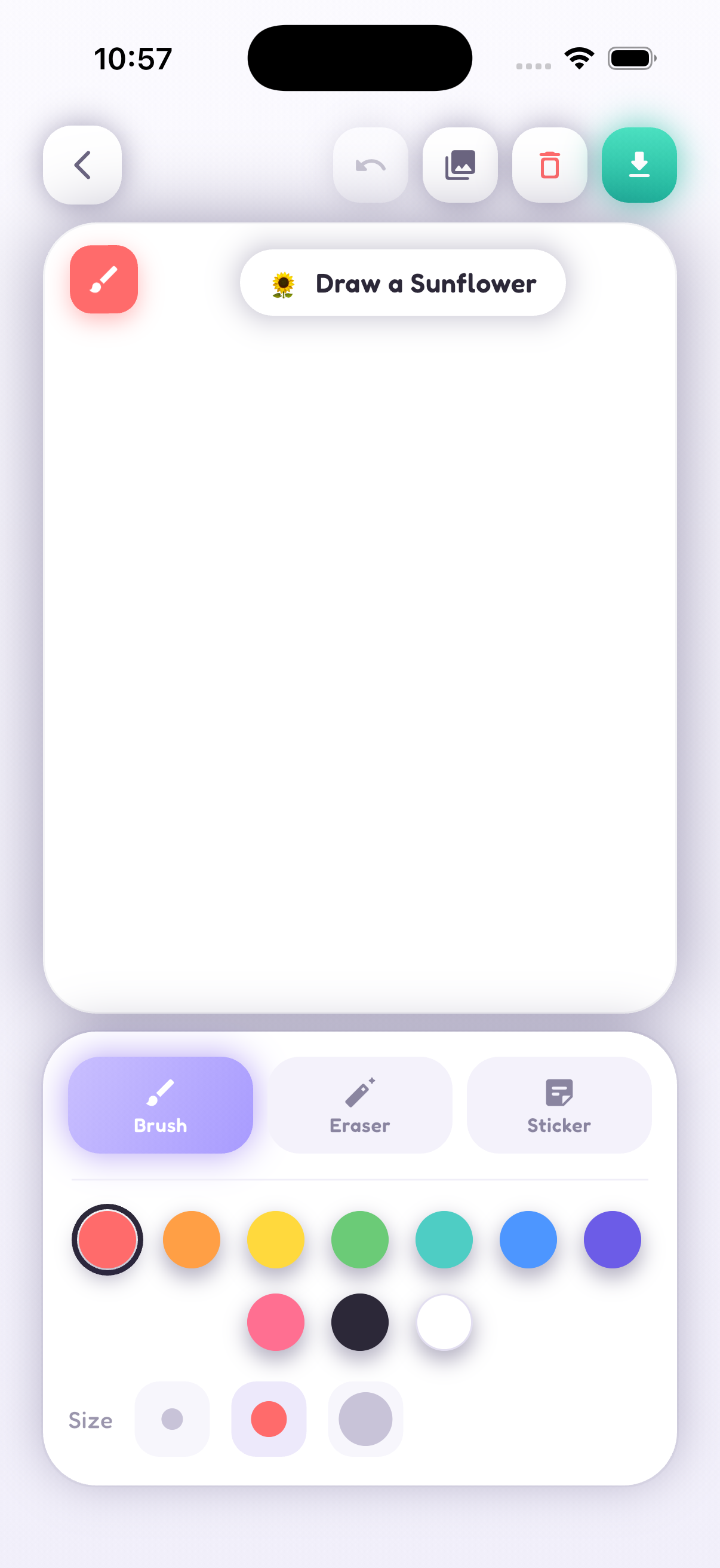 Free drawing canvas with brush, eraser, and sticker tools