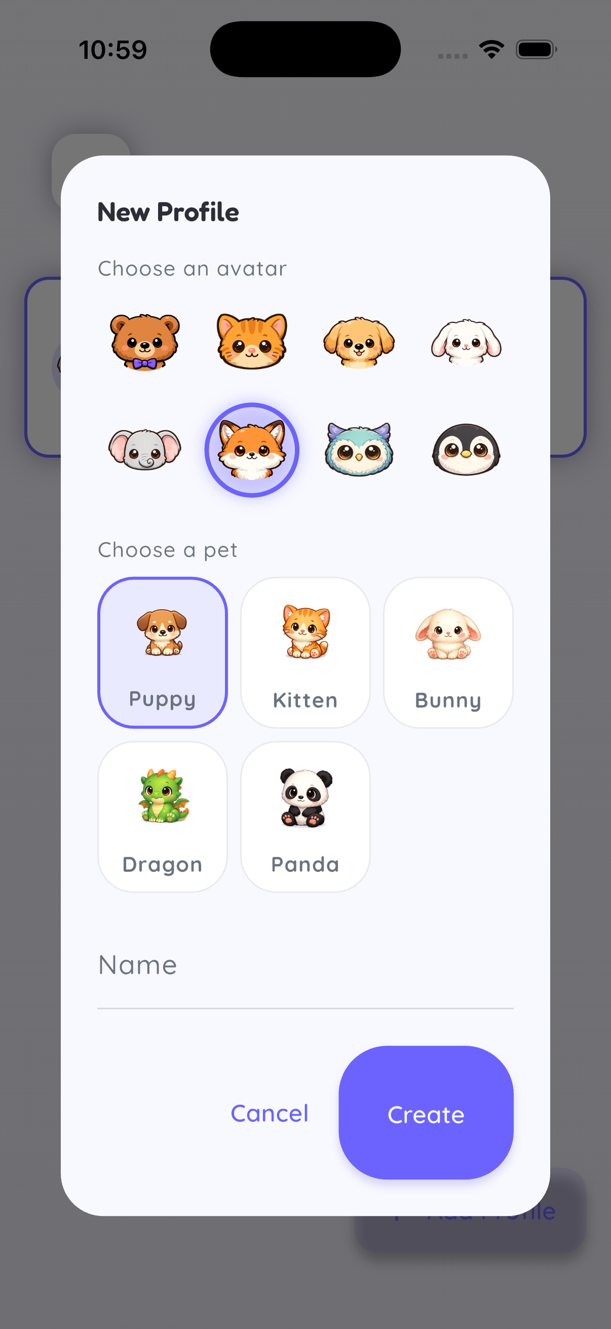New profile creation with avatar and pet selection for multiple children