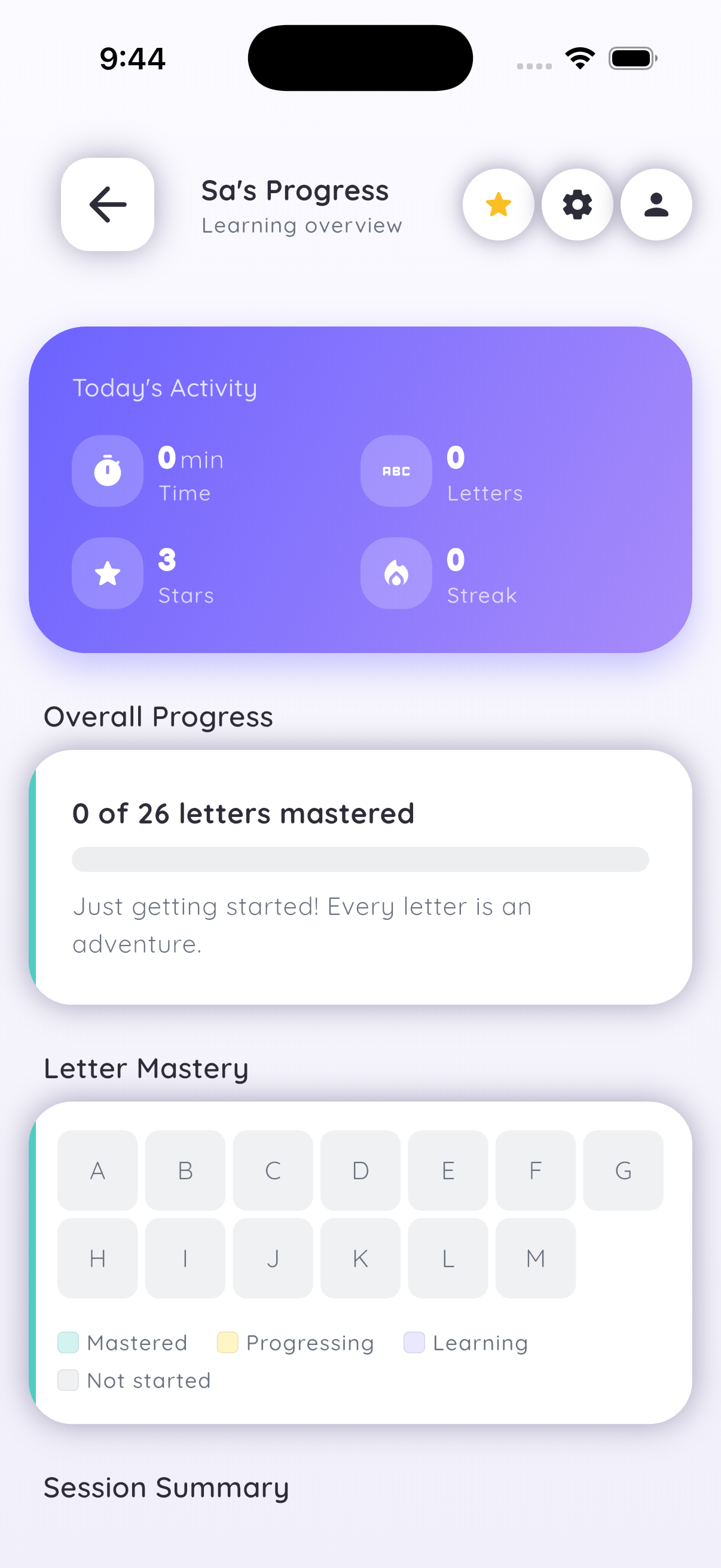 Parent dashboard with activity stats, letter mastery grid, and progress tracking